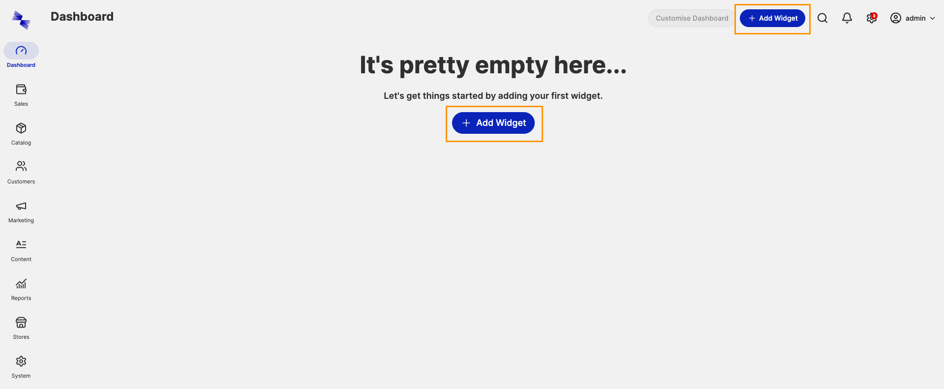 Empty Hyvä Commerce admin dashboard