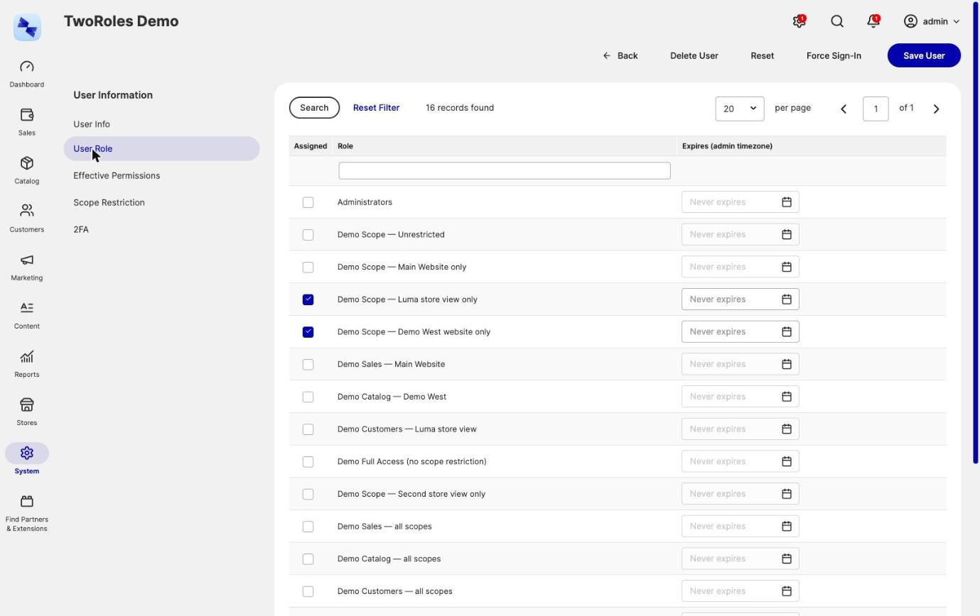 User Role tab with the multi-select role grid and Expires column
