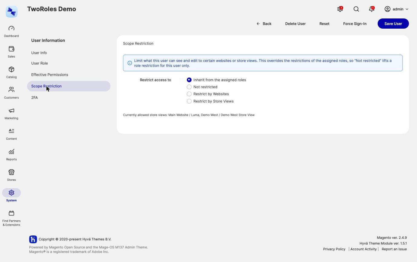 Scope Restriction tab on the admin user edit page