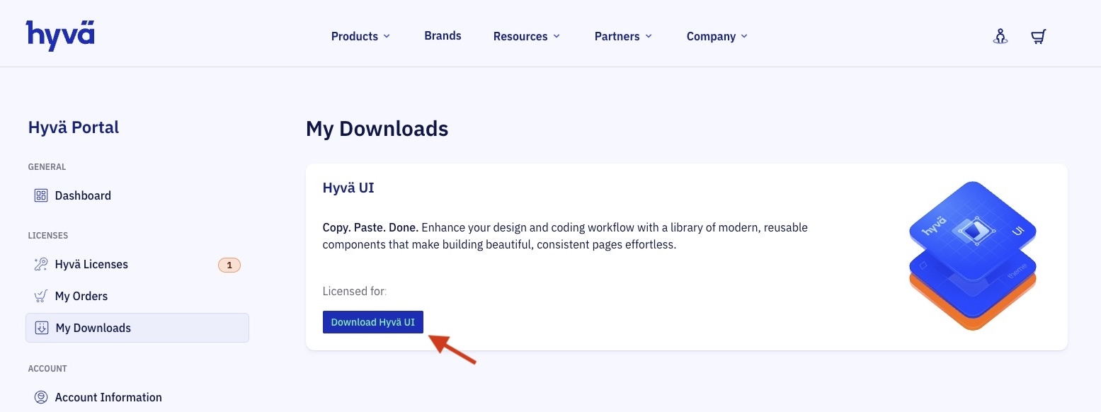 Screenshot showing the download icon for hyva-ui on Hyvä Portal