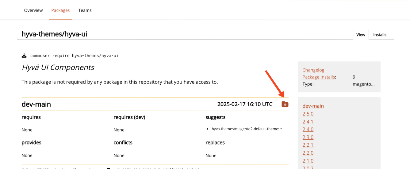 Screenshot showing the download icon for hyva-ui on Packagist